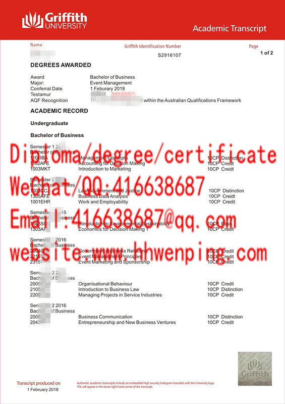 澳大利亚格里菲斯大学成绩单Griffith university Transcript
