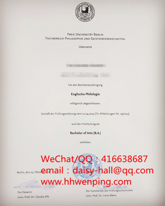 柏林自由大学毕业证Freie Universität Berlin degree certificate